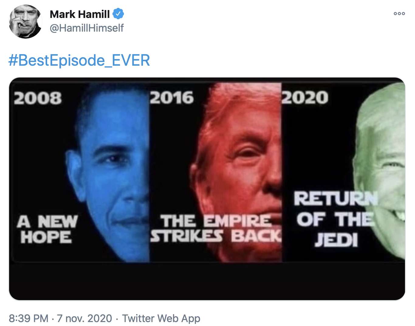 Mark Hamill a twitté le visage des trois présidents Obama, Trump, Biden en reprenant les titres des trois StarWars originaux