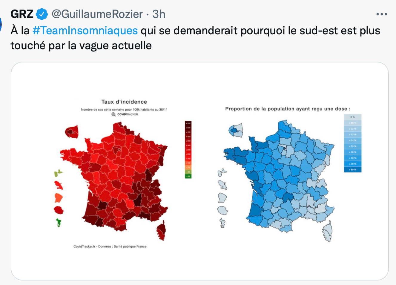 France: carte des malades du covid à côté de la carte des vaccinés