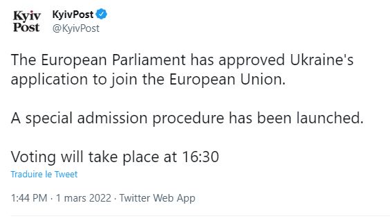 Tweet de KievPost annonçant le vote pour l'admission de l'Ukraine dans l'UE