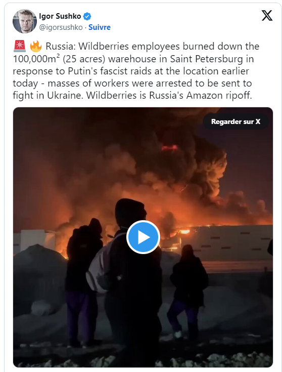 tweet d'Igor Sushko sur l'incendie de Wildberries à Saint-Pétersbourg