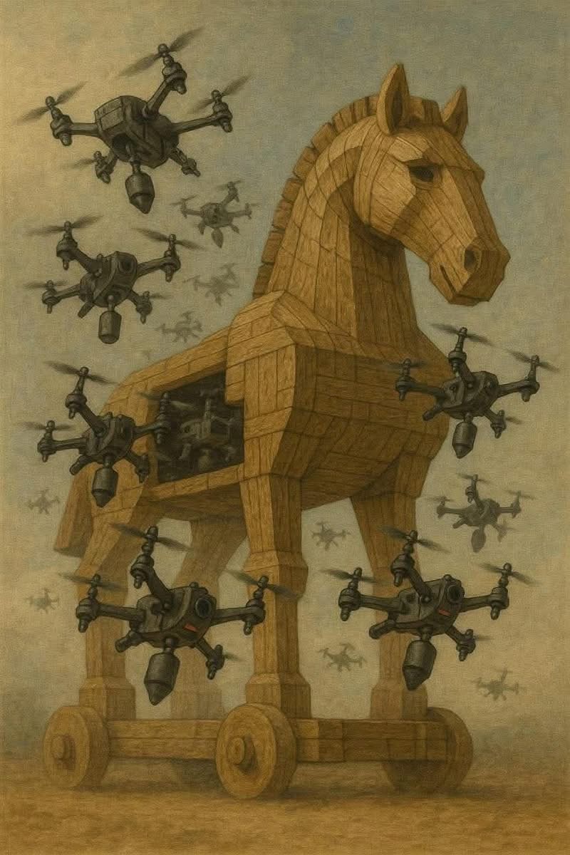 opération ukrainienne du 1er juin 2025 illustré par un cheval de Troie contenant des drones