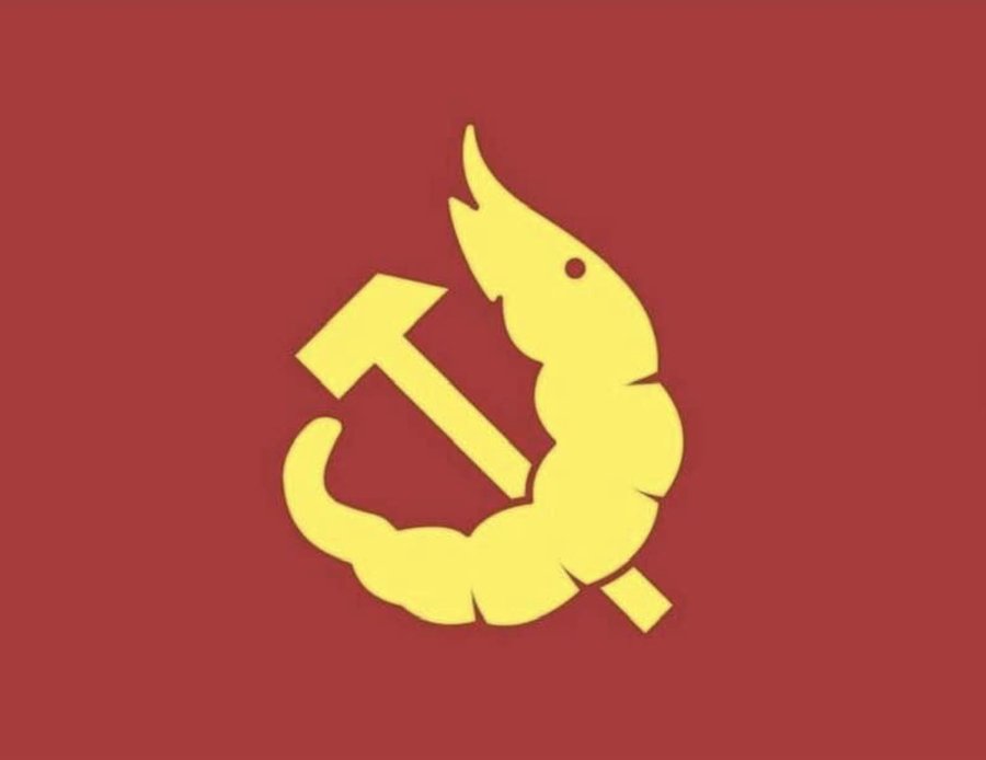 Crevette à la place de la faucille dans le symbole communiste la faucille et le marteau